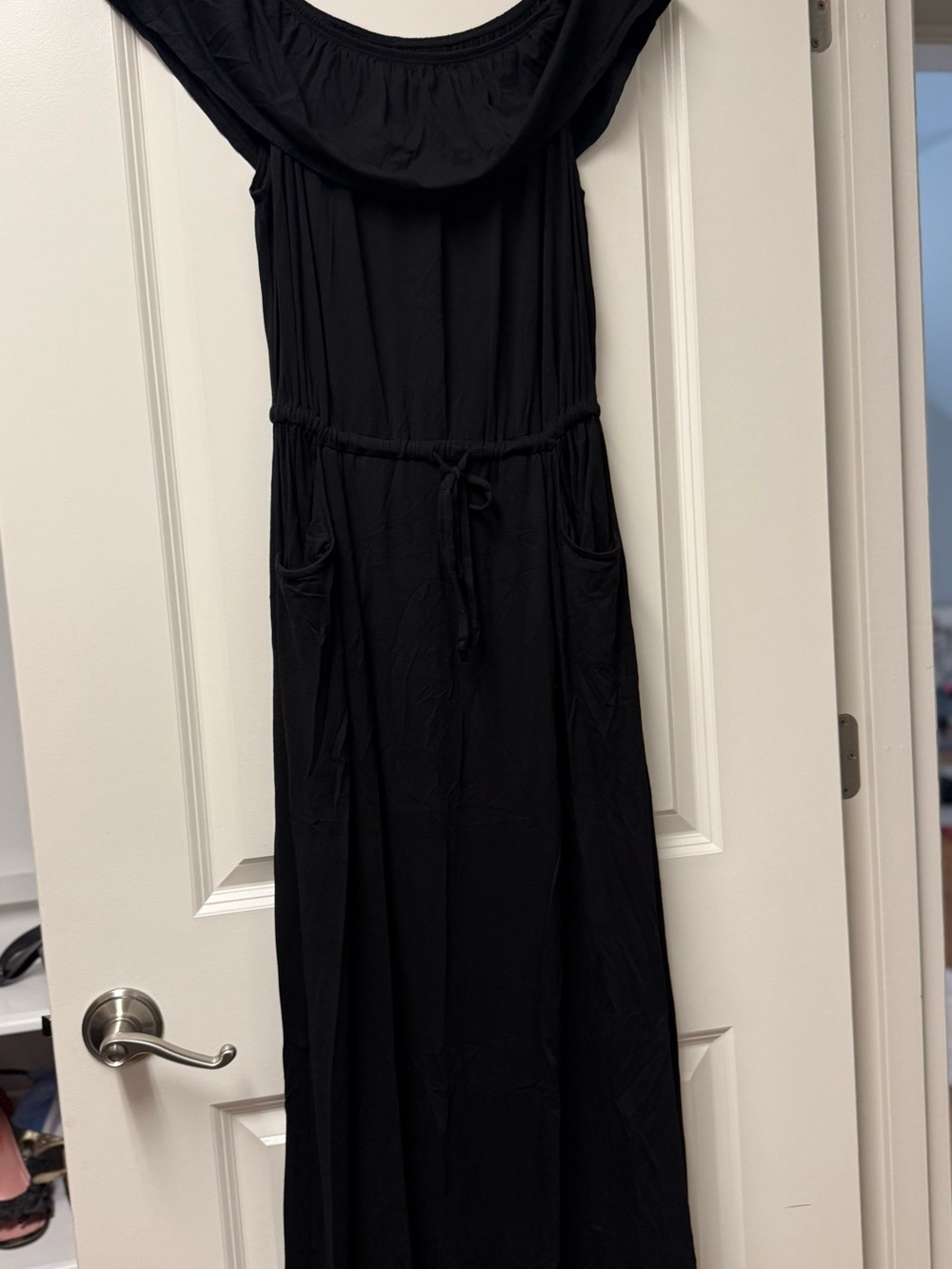 Max Studio Black Off-Shoulder Maxi Dress with Waist Tie